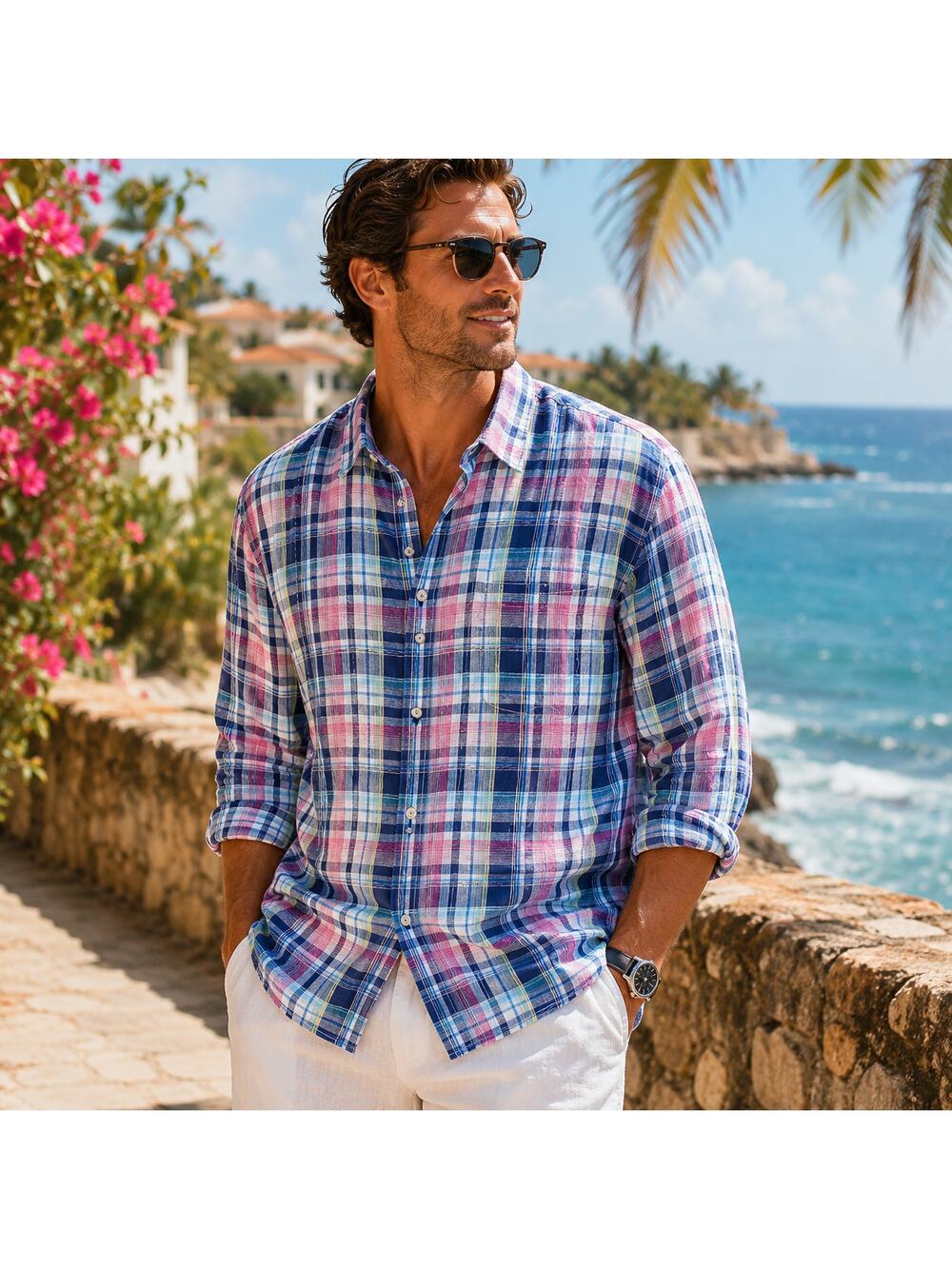Tommy Bahama SZ L 100% Linen Romario Plaid Shirt Bering Blue $118